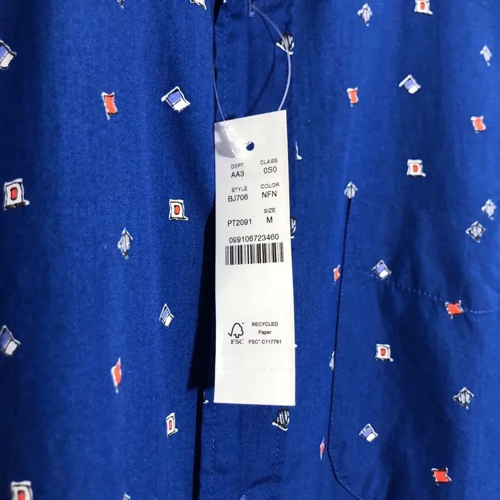 J. Crew Shirt Mens Medium Blue Secret Wash Poplin Button Down Nautical Flag New